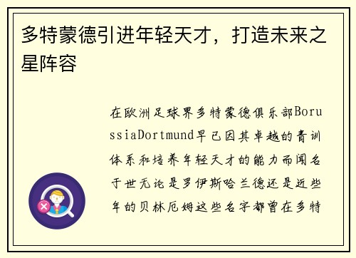 多特蒙德引进年轻天才，打造未来之星阵容